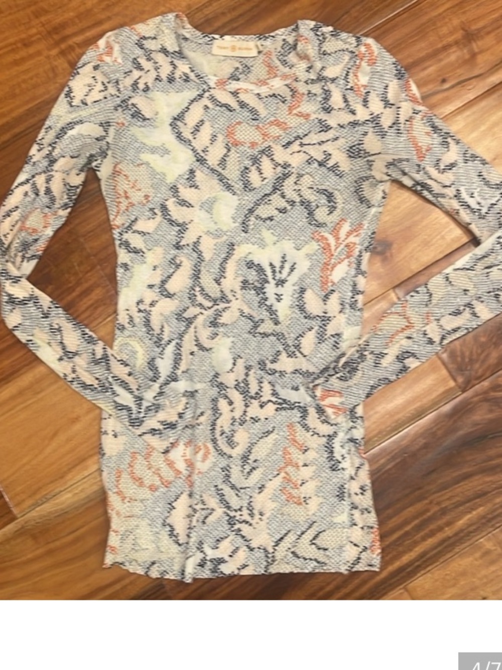 Tory Burch Floral-Print Crewneck long sleeve tee shirt with Blue & coral accent